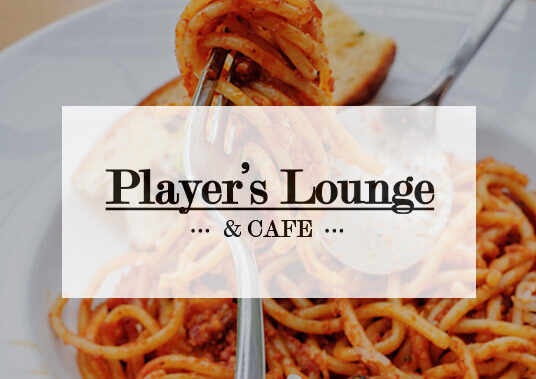 Player's Lounge and Cafe Logo overlayed on a plate of spaghetti