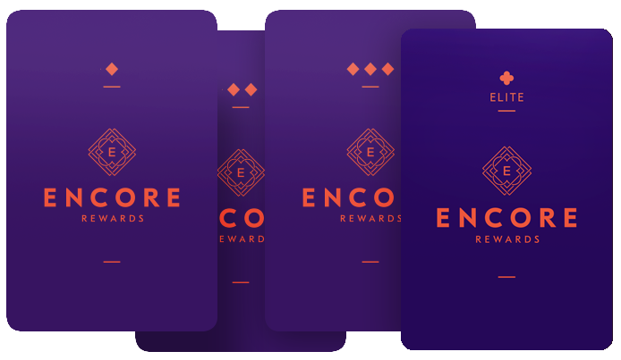 4 Encore memebership cards showing 4 tiers of membership