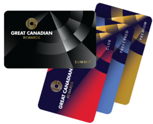 Great Canadian Rewards Cards - Showing 4 different tiers of memebership stacked on top of each other