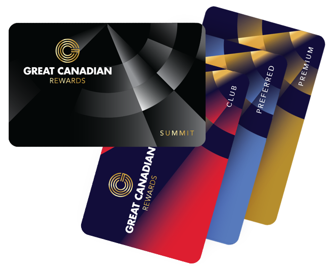 Great Canadian Rewards Cards - Showing 4 different tiers of memebership stacked on top of each other