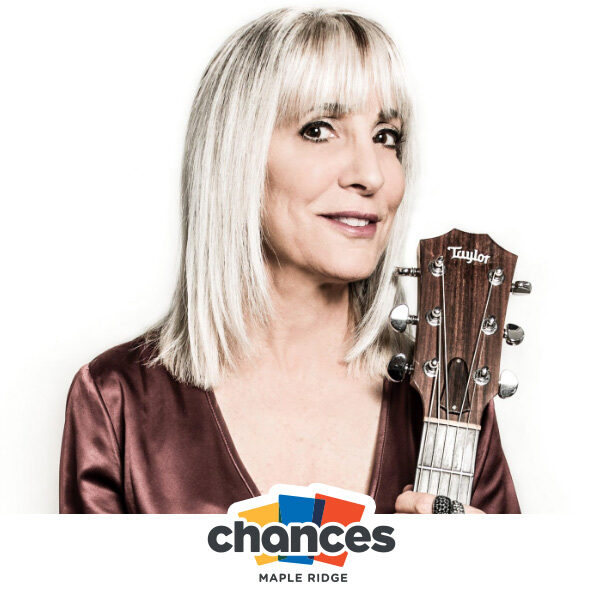DIANNE WARREN holding a Guitar with Chances Maple Ridge logo
