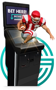 A football player jumping into a machine with the words bet here.