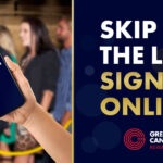 A new member holding a phone with the text skip the line sign up online.