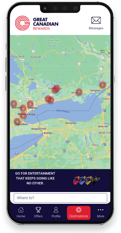 Mobile app showing a google map with Great Canadian destinations plotted