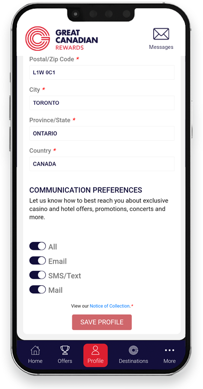 Mobile app showing contact preference options