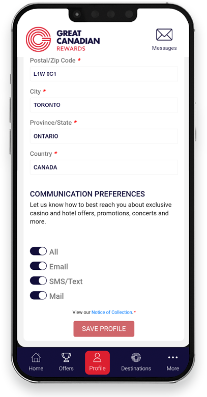 Mobile app showing contact preference options