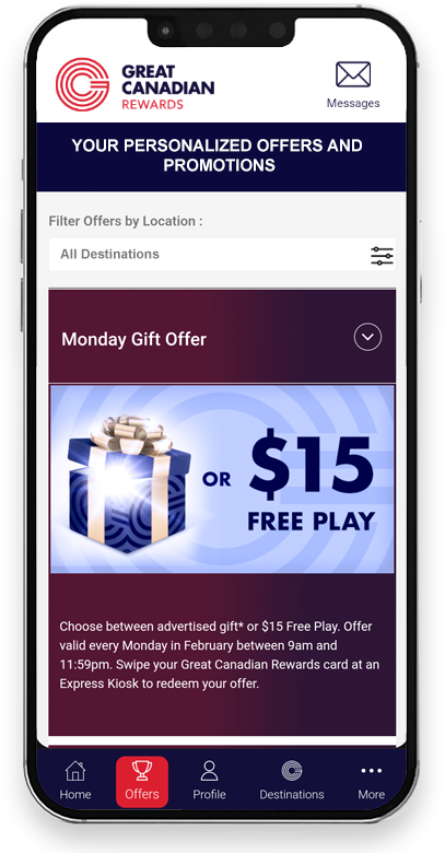 Mobile app showing Great Canadian personalized reward options