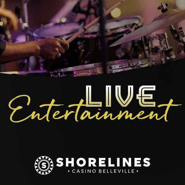 Shorelines Casinos - Live Entertainment, close up of drums being played with Shorelines logo.