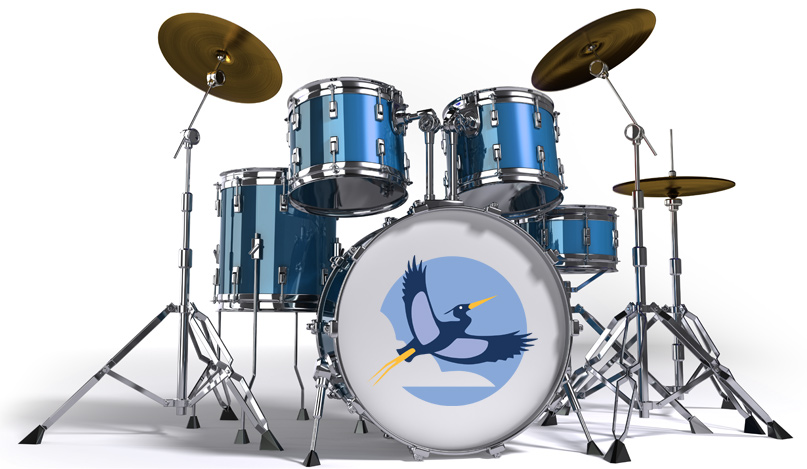 Drumset with Great Blue Heron Logo on it