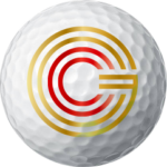 A white golf ball with a red logo.