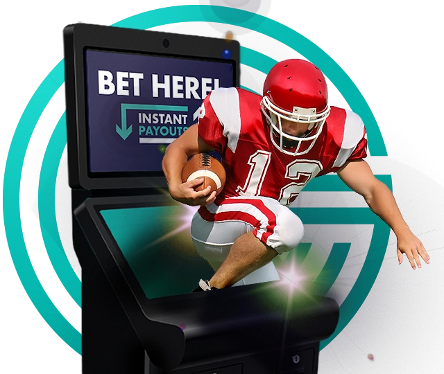 A football player at the Great Blue Heron Casino, with the words bet here.