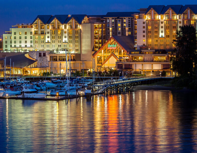 River Rock Casino Resort Exterior at night showing sailboats