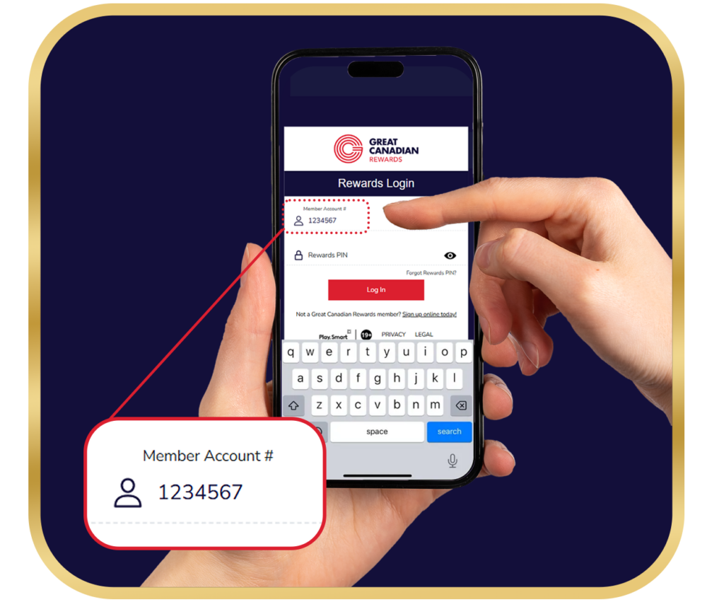 Step 1 | Hand holding iPhone with Great Canadian Rewards Member Portal | Logging In