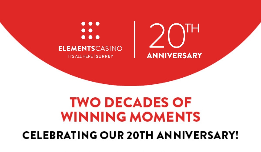 Elements Casino It's All Here Surrey | 20th Anniversary Logo Two Decades of Winning Moments Celebrating Our 20th Anniversary