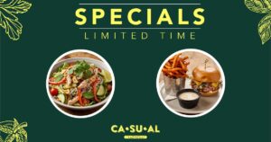 Specials Limited Time, Thai Chicken Salad $22, Jerk Pork Sandwich $24