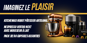 Imaginez le plaisir KitchenAid robot pâtissier artisanal Nespresso Vertuo next avec mousseur à lait Pack de 90 capsules assorties 